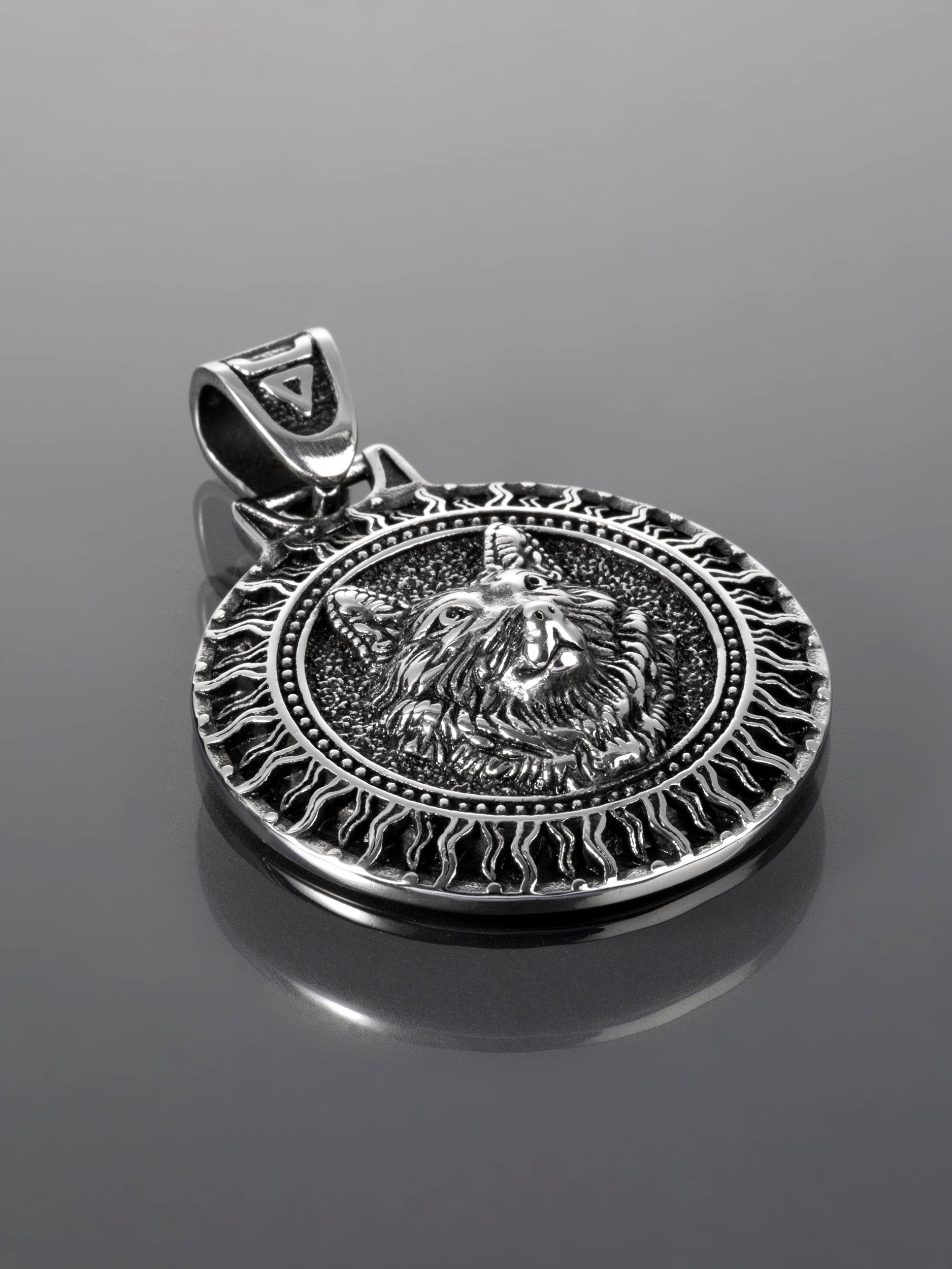Krásný amulet z chirurgické oceli ve tvaru kruhu s hlavou vlka  PK1368-0137