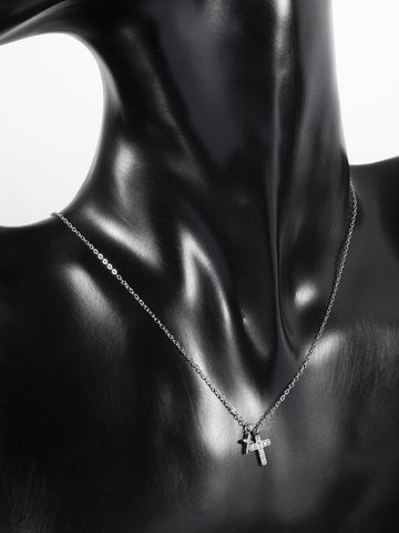 Jemný náhrdelník z chirurgické oceli se dvěma křížky s drobnými čirými krystalky NK1587-0112
