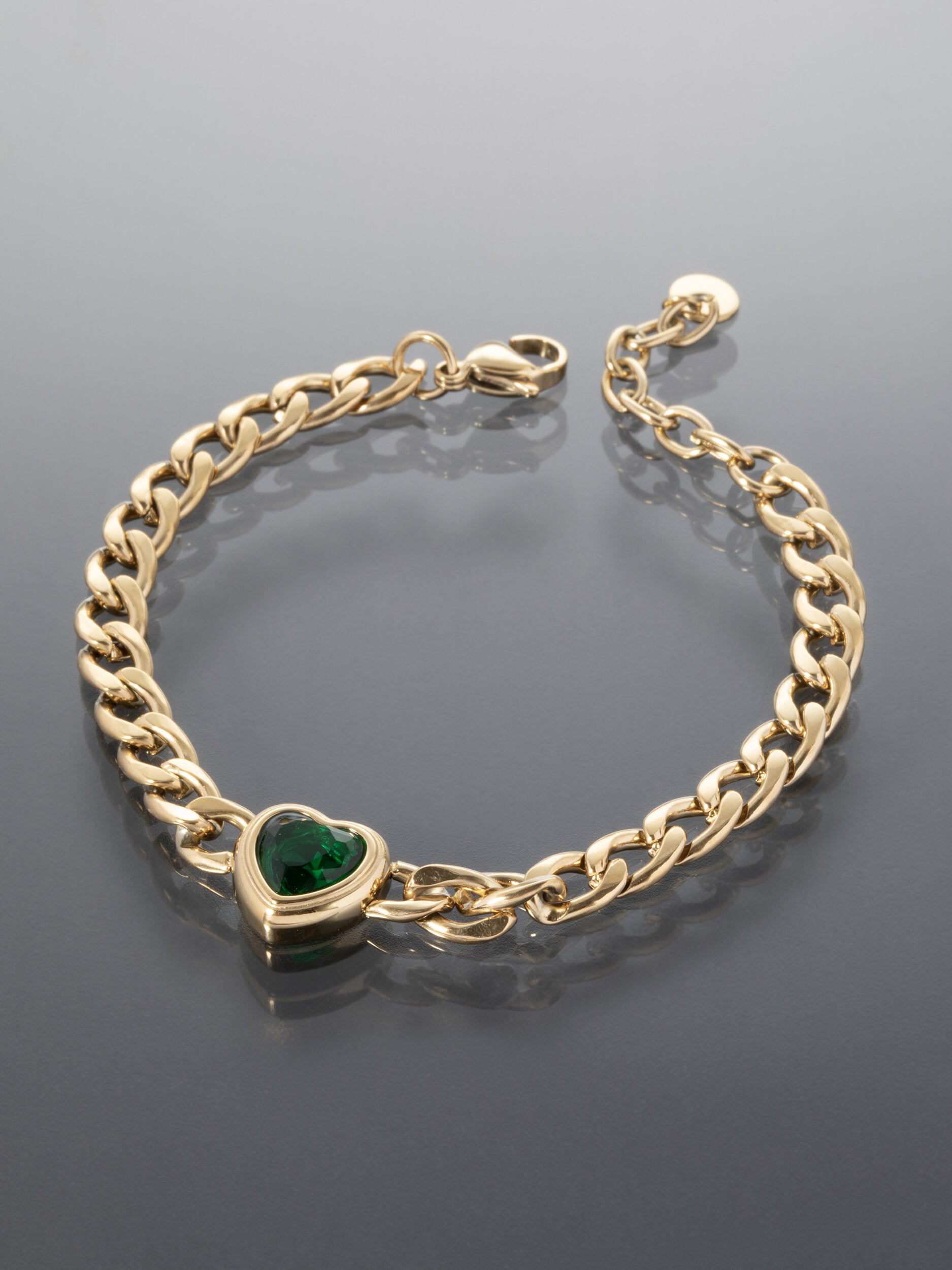 Náramek z chirurgické oceli se zeleným srdcem zlatá NM3090-0114