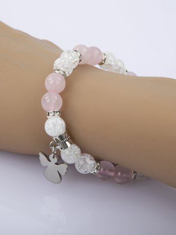 Krásný náramek z křišťálu a růženínu s přívěskem andílka NM3151-1606