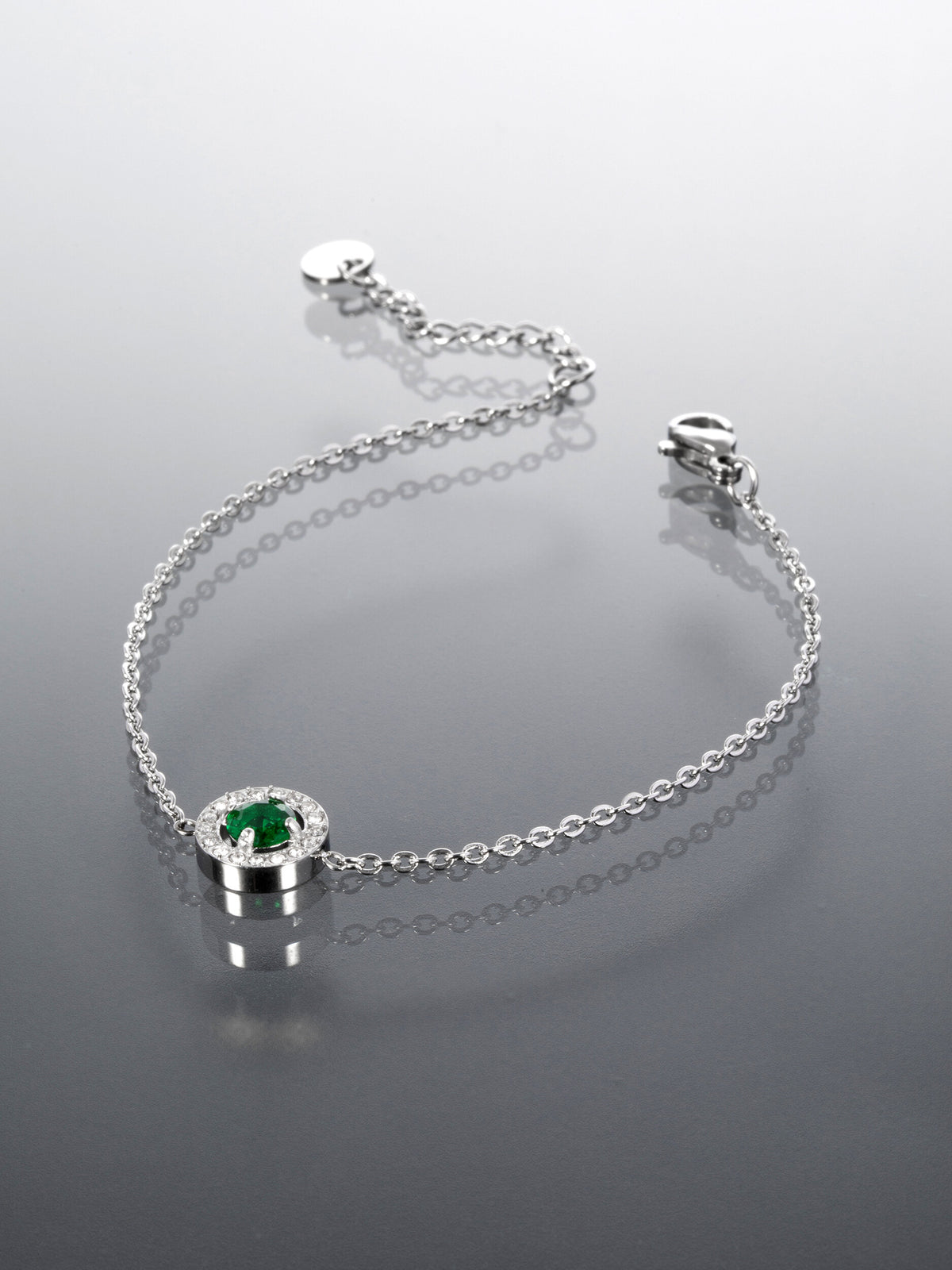 Náramek z chirurgické oceli kolečko se zeleným krystalkem NM3182-0112