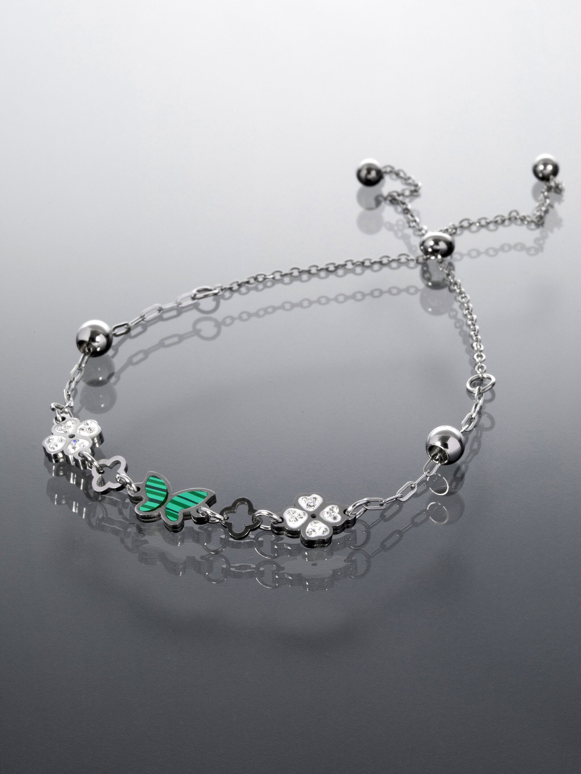 Náramek z chirurgické oceli  motýlek s čtyřlístky NM3185-0112