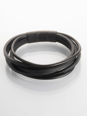 Kožený pánský náramek se zapínáním z chirurgické oceli, černá barva NM3230-0702