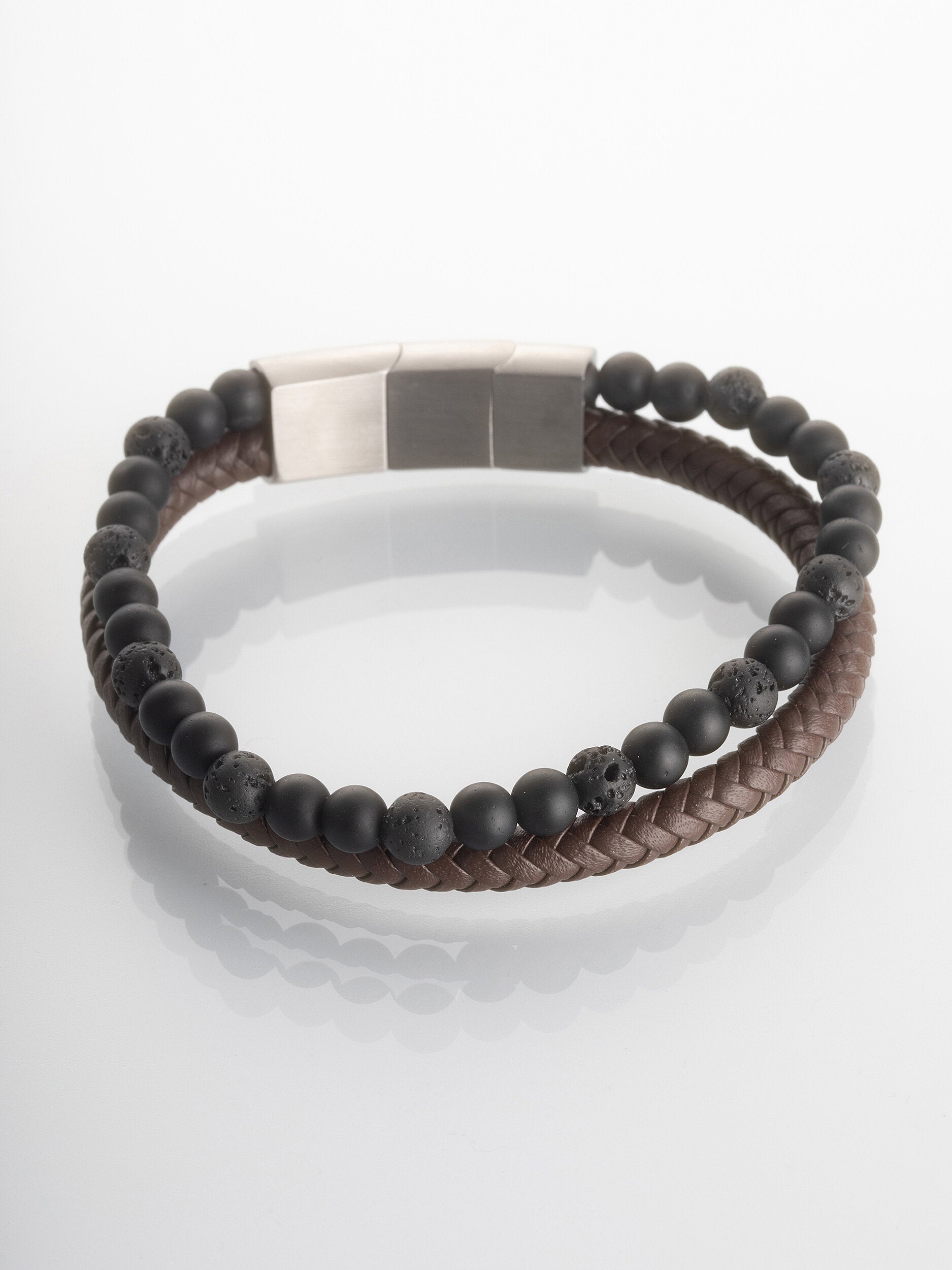 Kožený pánský náramek se zapínáním z chirurgické oceli, kombinace černá láva a tmavě hnědá kůže NM3233-0749