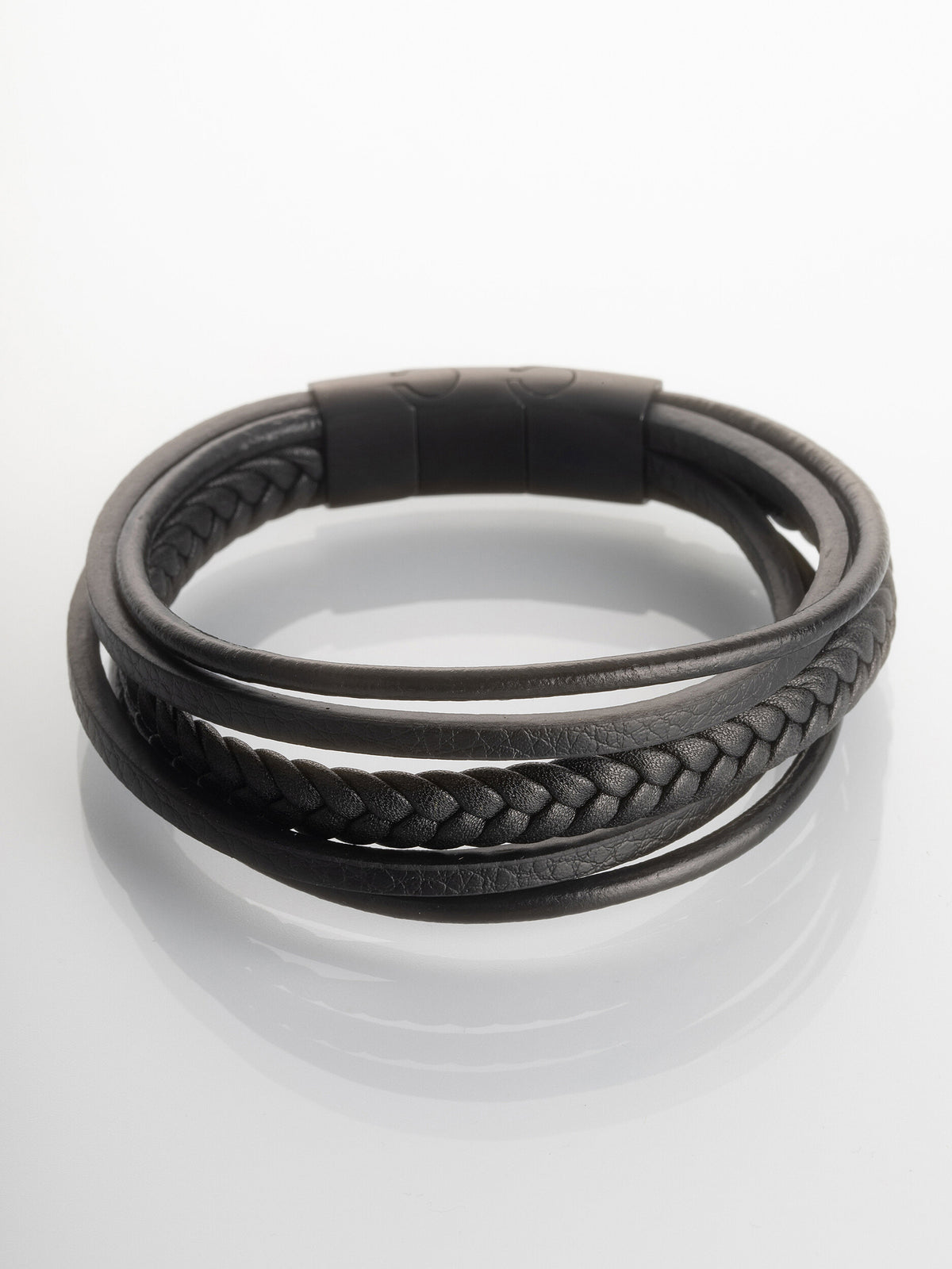 Kožený pánský náramek se zapínáním z chirurgické oceli, černý NM3227-0702