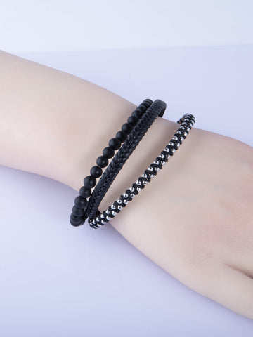 Kožený pánský náramek s korálků z chirurgické oceli a lávy, černá barva NM3231-0702