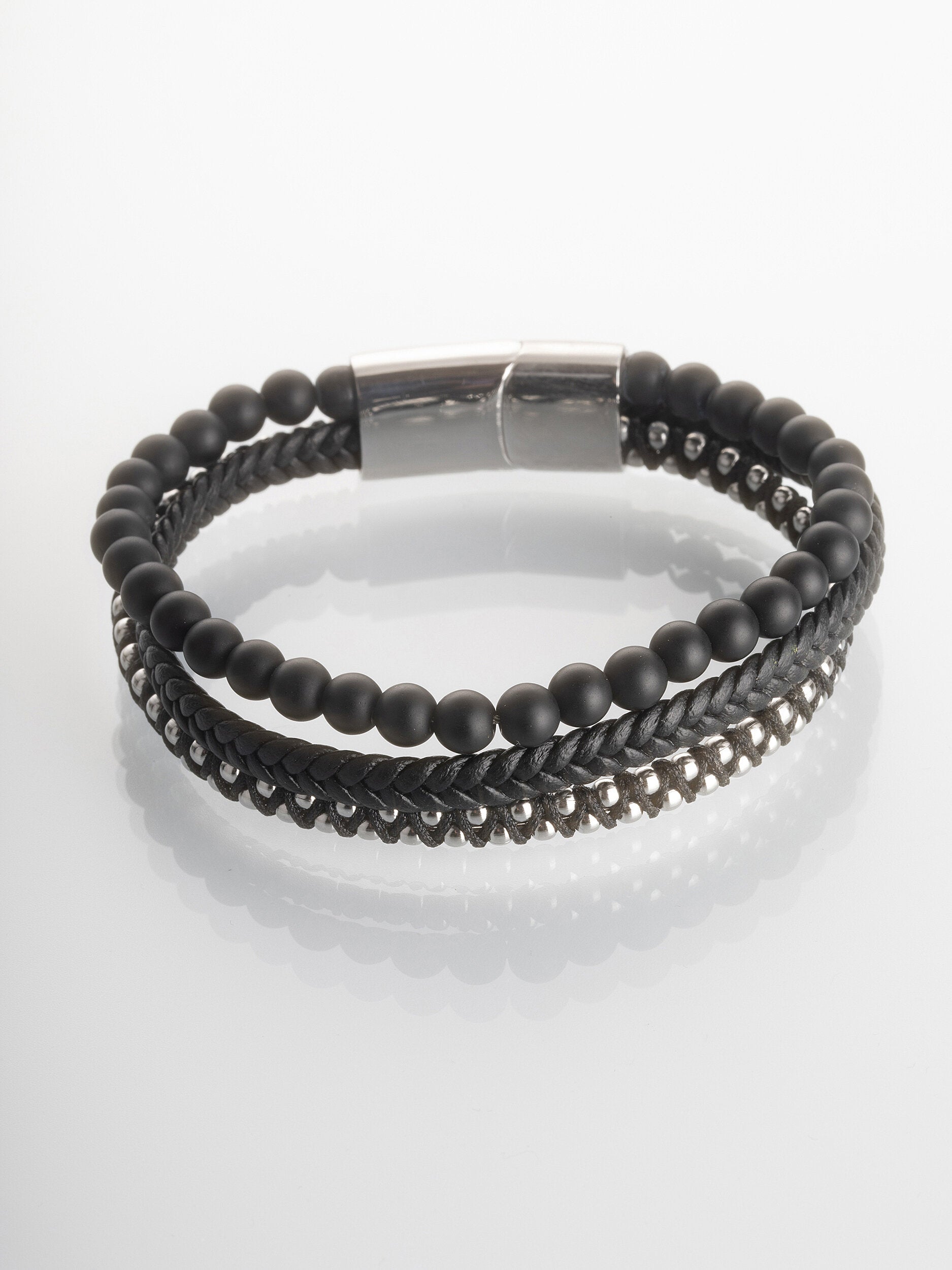 Kožený pánský náramek s korálků z chirurgické oceli a lávy, černá barva NM3231-0702