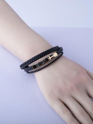 Kožený pánský náramek s ozdobou z chirurgické oceli zlaté barvy, černý NM3225-0702