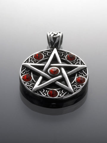 Přívěsek z chirurgické oceli pentagram, stříbrná ocel s červenými kamínky PK1720-0112