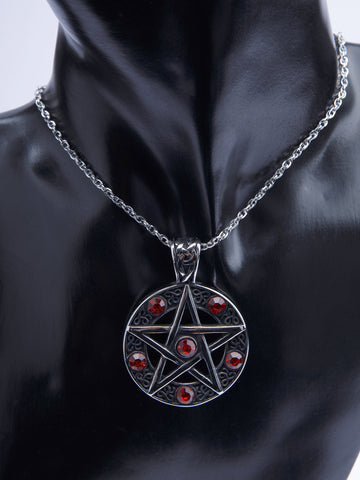 Přívěsek z chirurgické oceli pentagram, stříbrná ocel s červenými kamínky PK1720-0112