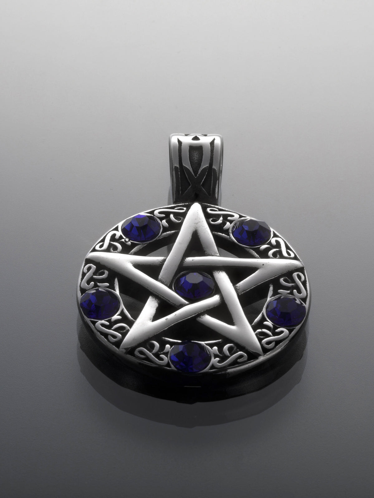Přívěsek z chirurgické oceli pentagram, stříbrná ocel s modrými kamínky PK1719-0132