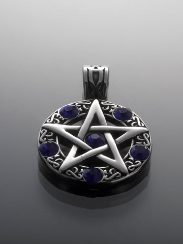 Přívěsek z chirurgické oceli pentagram, stříbrná ocel s modrými kamínky PK1719-0132