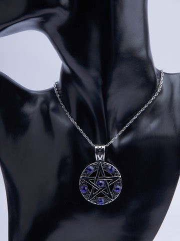 Přívěsek z chirurgické oceli pentagram, stříbrná ocel s modrými kamínky PK1719-0132