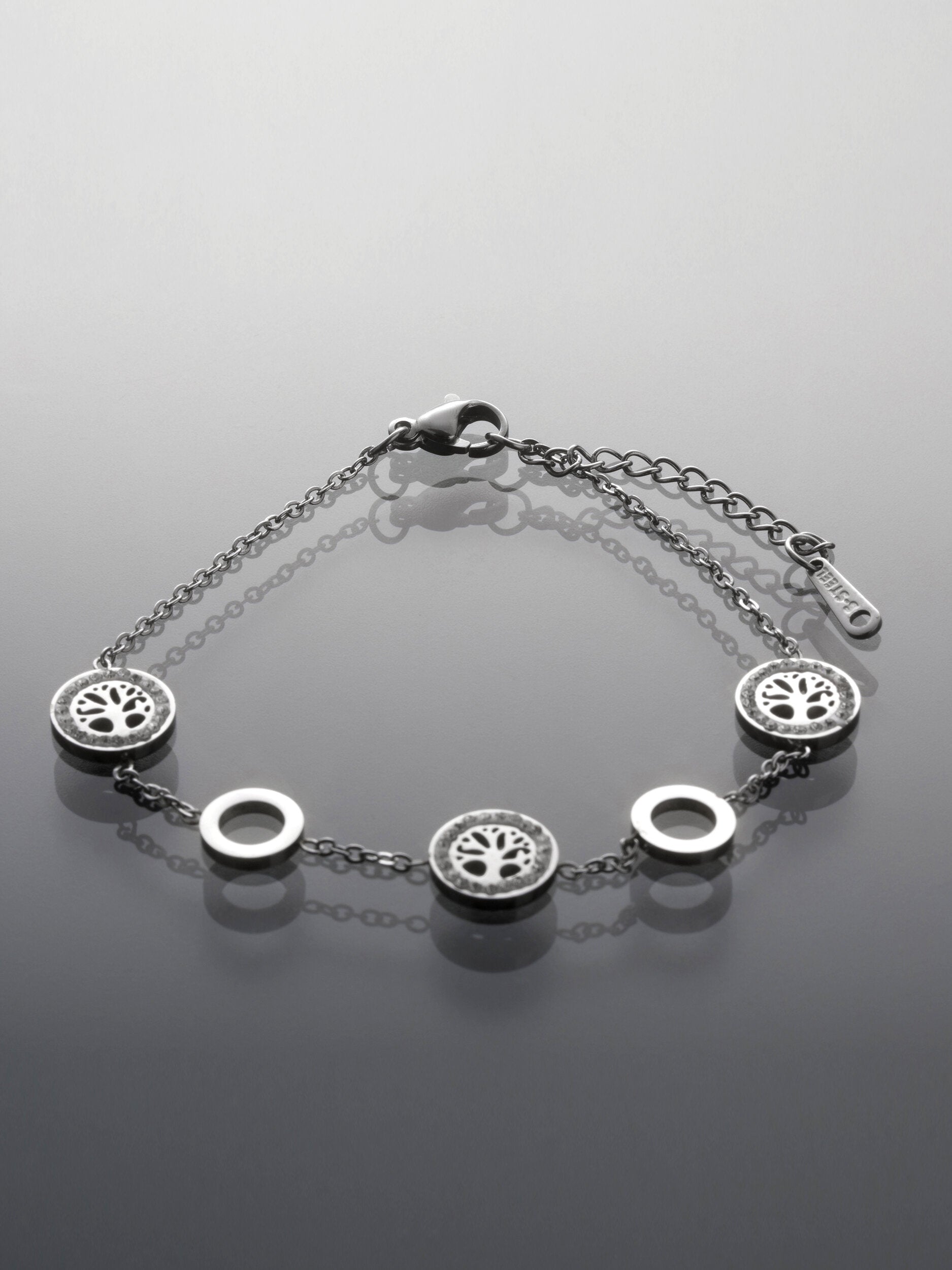 Řetízkový náramek z chirurgické oceli ozdobený kolečky a stromy života  NM3285-0112