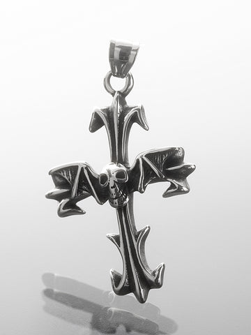 Masivní přívěsek z chirurgické oceli, kříž s lebkami a křídly netopýra PK1781-0112