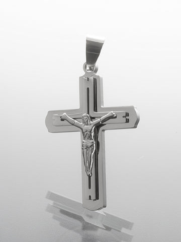 Přívěsek z leštěné chirurgické oceli, dvojitý kříž s Kristem PK1785-0112