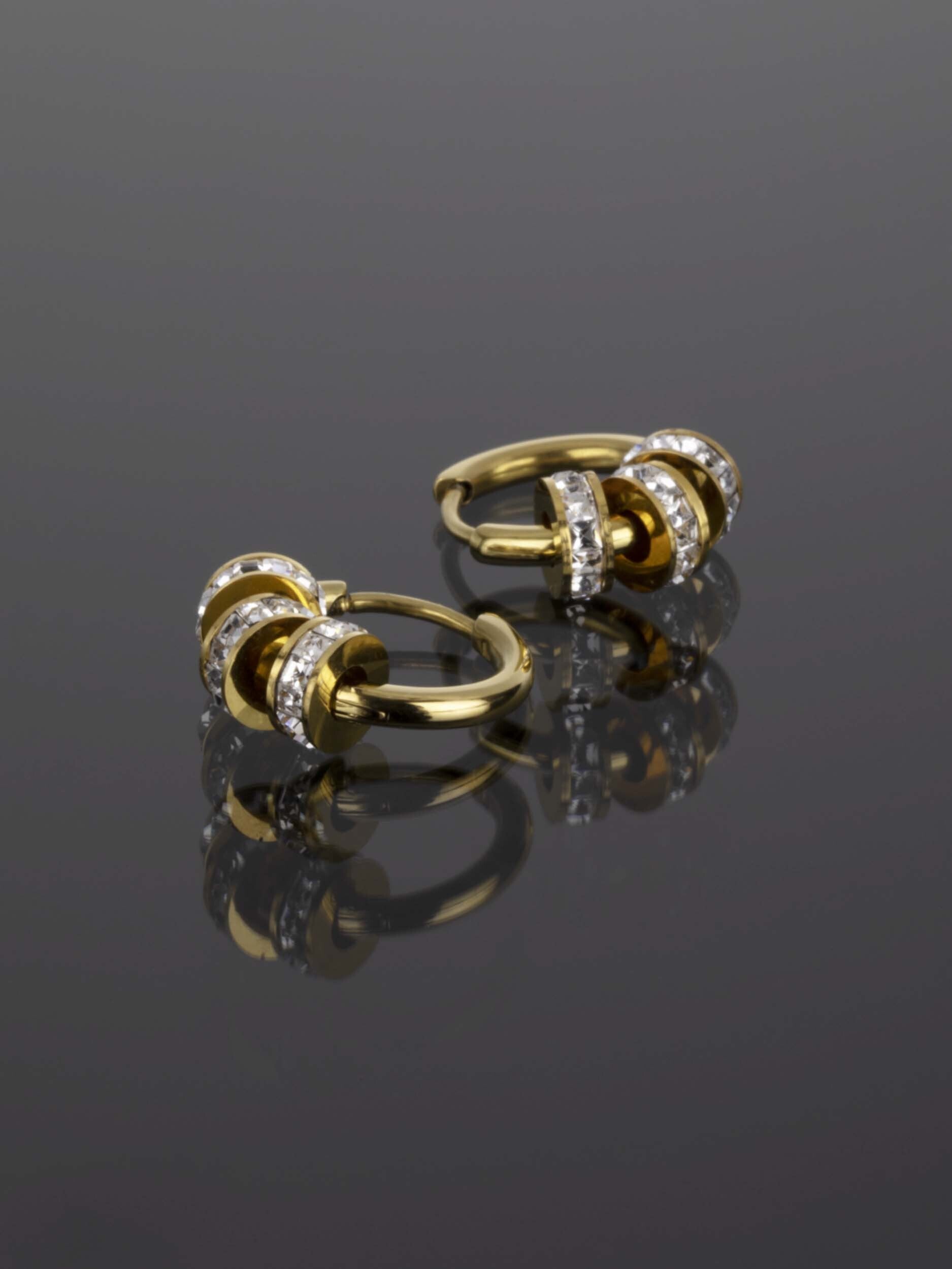 Elegantní kruhové ocelové náušnice zlaté barvy s krystaly NE1240-0114