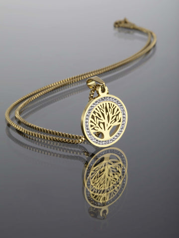 Krásný ocelový náhrdelník zlaté barvy s motivem stromu života vykládaný čirými krystaly NK0686-0114