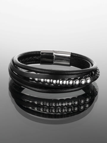 Krásný pánský náramek z pásků černé kůže a korálků z chirurgické oceli NM1433-0702
