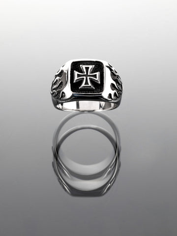 Luxusní pánský prstýnek z chirurgické oceli s motivem železného kříže a plameny  PR0311-016907