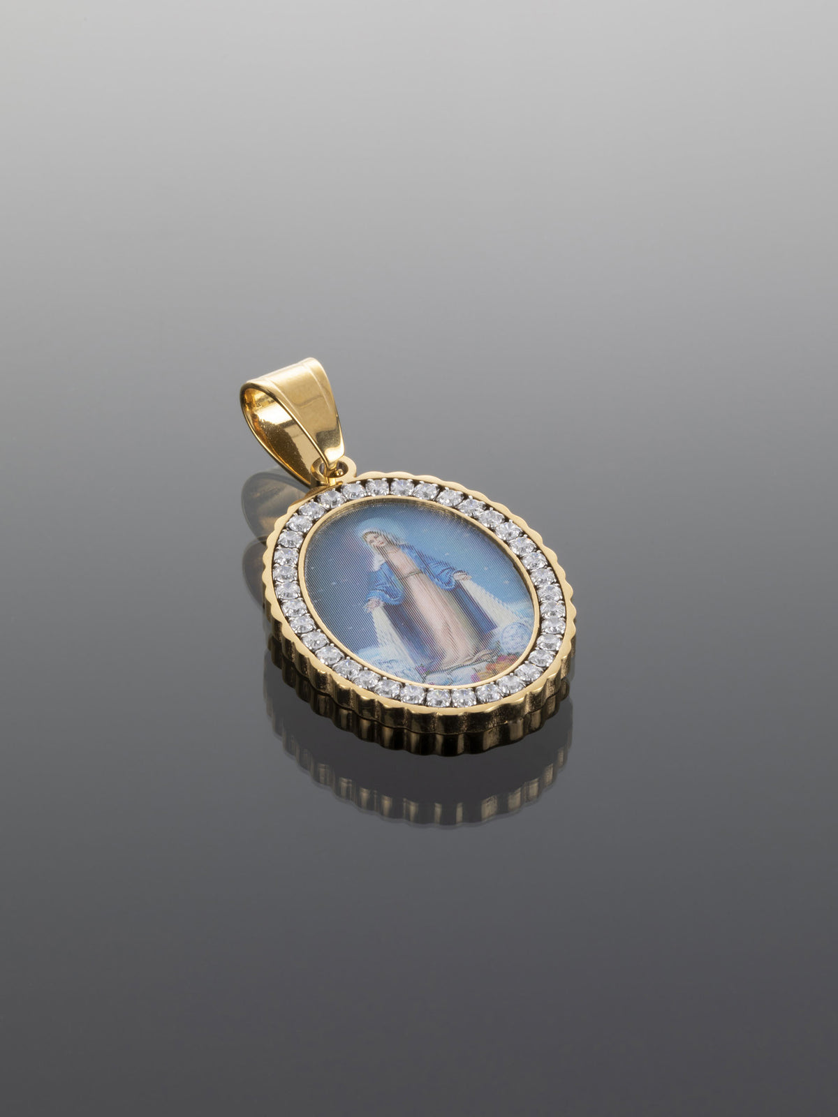 Luxusní medailonek s postavou Panny Marie z chirurgické oceli zlaté barvy PK0895-0114