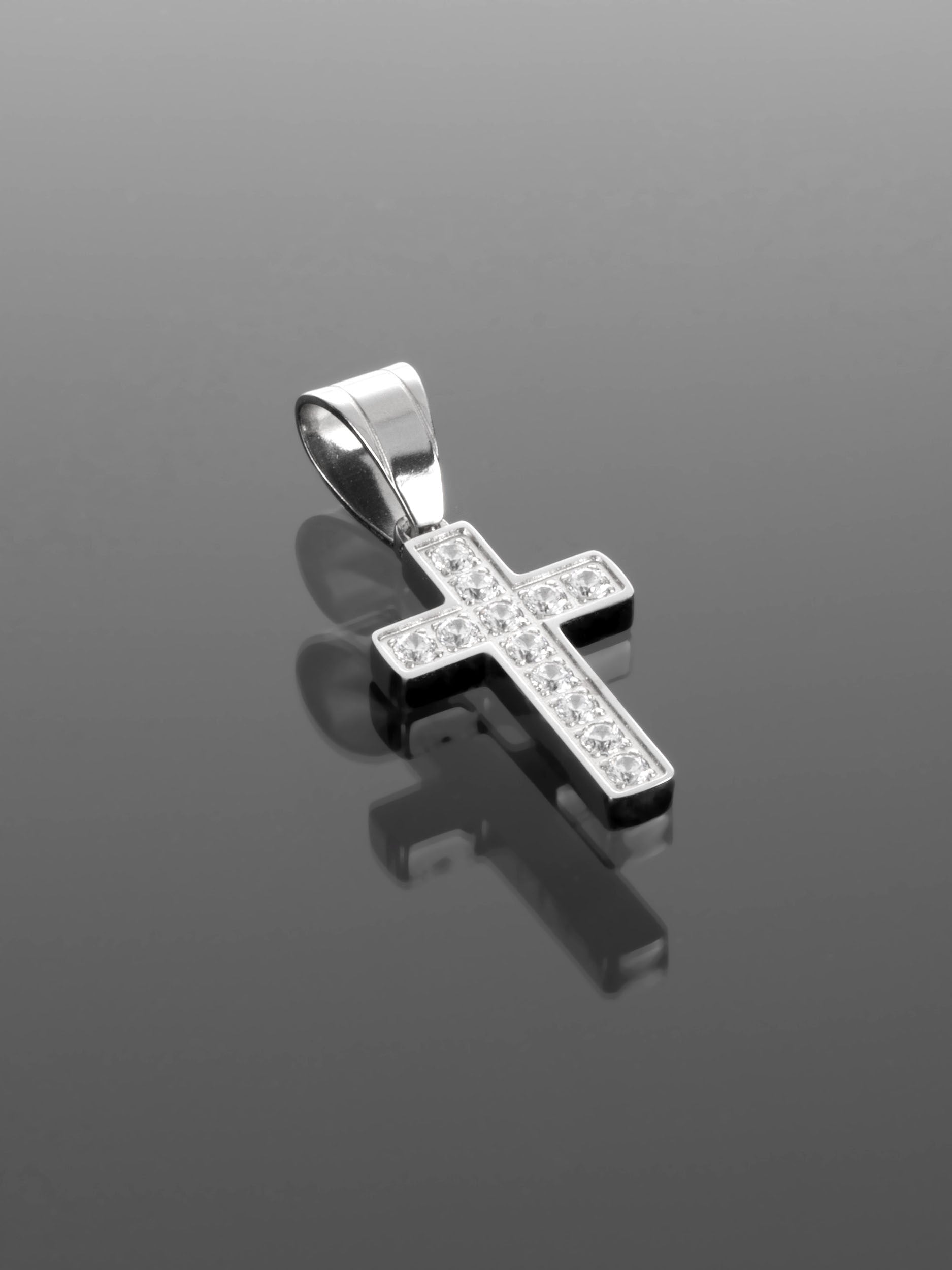 Luxusní malý přívěsek ve tvaru kříže z chirurgické oceli s drobnými čirými krystaly PK0937-0107