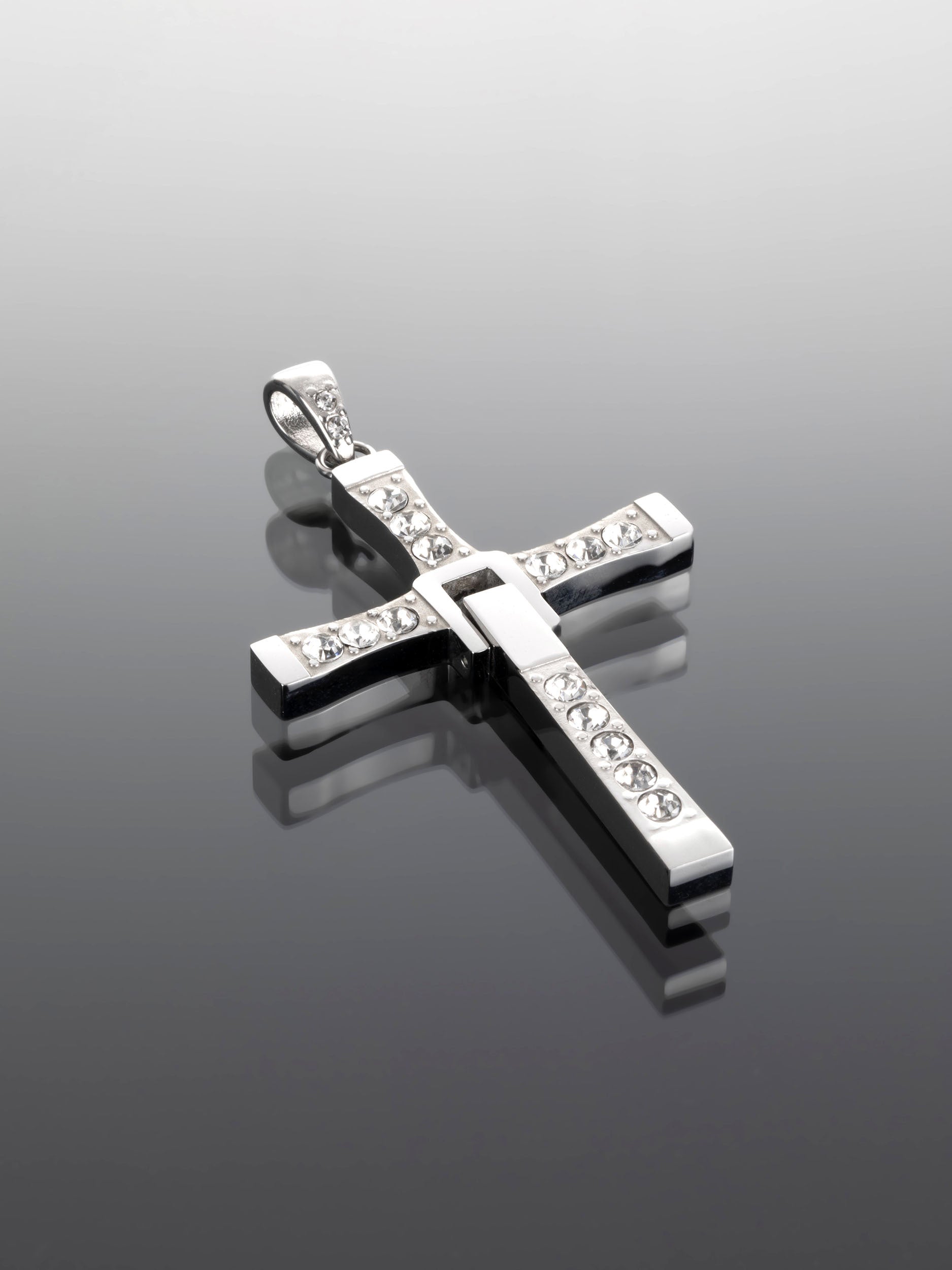 Exkluzivní masivní přívěsek ve tvaru kříže z chirurgické oceli s čirými krystaly PK0940-0107