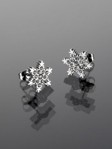 Luxusní drobné náušnice ve tvaru vločky z chirurgické oceli s čirými krystaly NE1725-0112