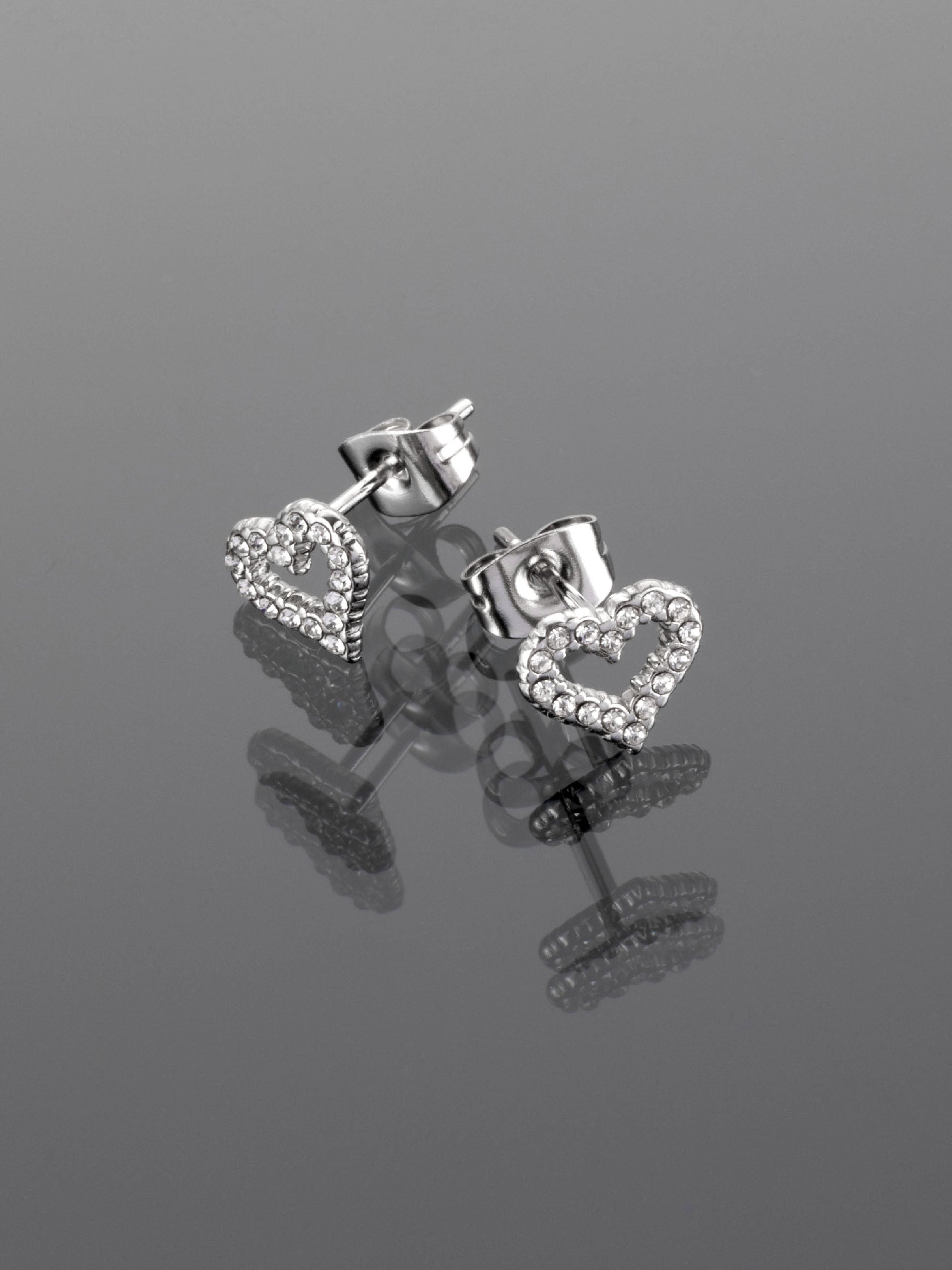 Luxusní drobné náušnice ve tvaru srdíčka z chirurgické oceli s čirými krystaly NE1726-0112