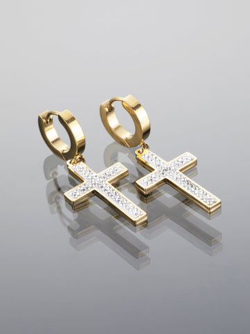 Luxusní zlaté kruhové náušnice z chirurgické oceli s přívěsky křížů vykládanými čirými krystaly NE1704-0114