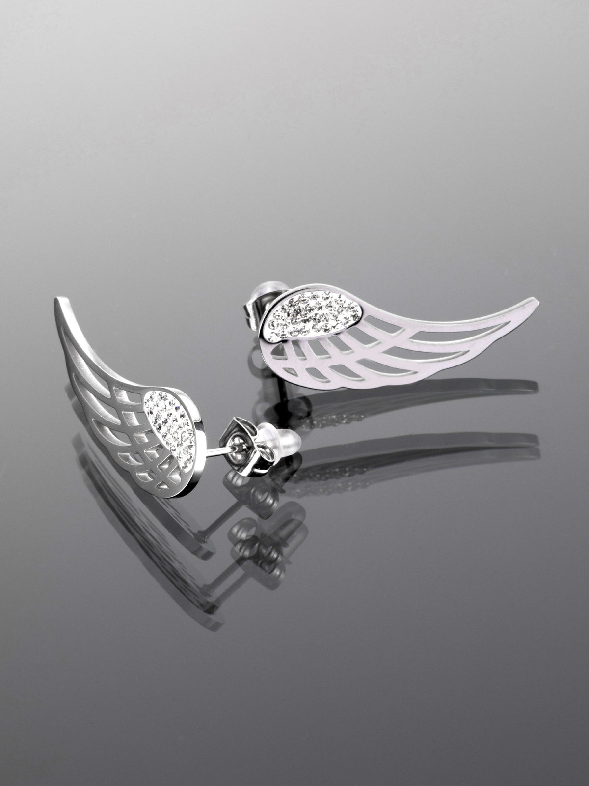 Luxusní náušnice z chirurgické oceli s přívěsky andělských křídel s drobnými čirými krystaly NE1714-0112