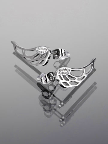 Luxusní drobné náušnice z chirurgické oceli s přívěsky andělských křídel s čirými krystaly  NE1715-0112