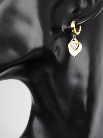 Luxusní kruhové náušnice s přívěsky srdíček s drobnými čirými krystaly ze zlaté chirurgické oceli NE1801-0114