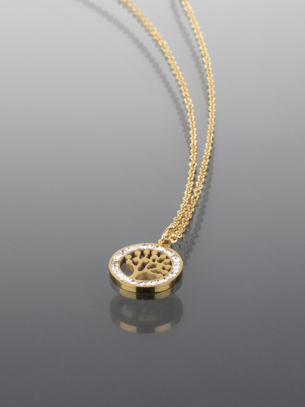 Elegantní náhrdelník ze zlacené chirurgické oceli s motivem stromu života s čirými krystaly NK1105-0114