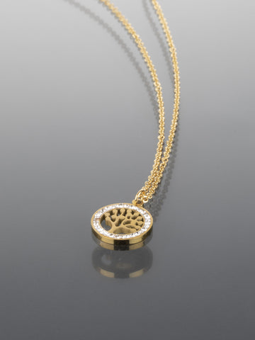 Elegantní náhrdelník ze zlacené chirurgické oceli s motivem stromu života s čirými krystaly NK1105-0114