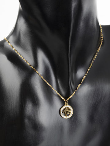 Elegantní náhrdelník ze zlacené chirurgické oceli s motivem stromu života s čirými krystaly NK1105-0114