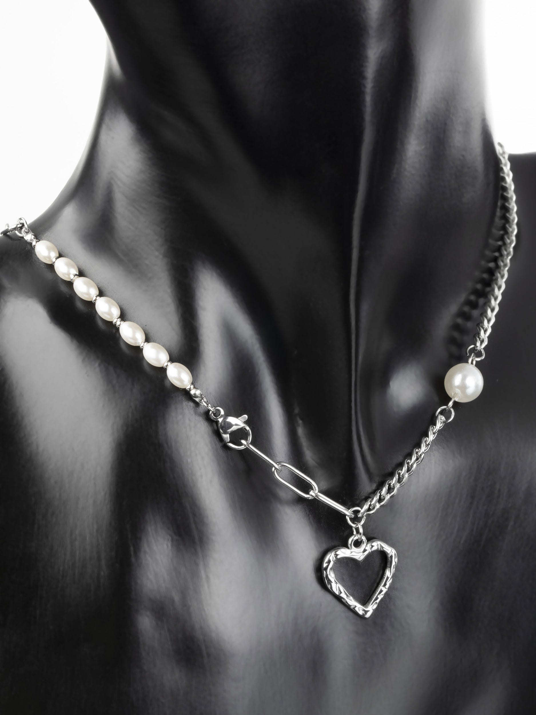 Krásný masivní náhrdelník z chirurgické oceli se srdíčkem a perlami NK1125-0112