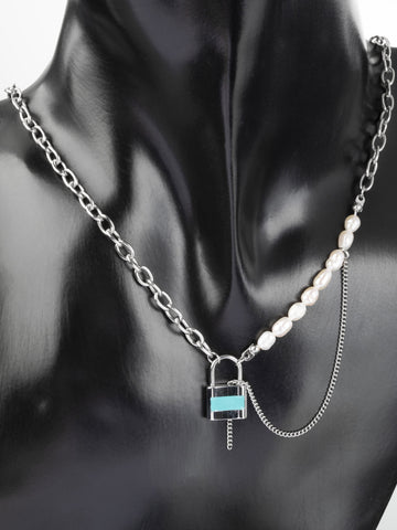 Krásný náhrdelník z chirurgické oceli se zámkem a perlami  NK1128-0112