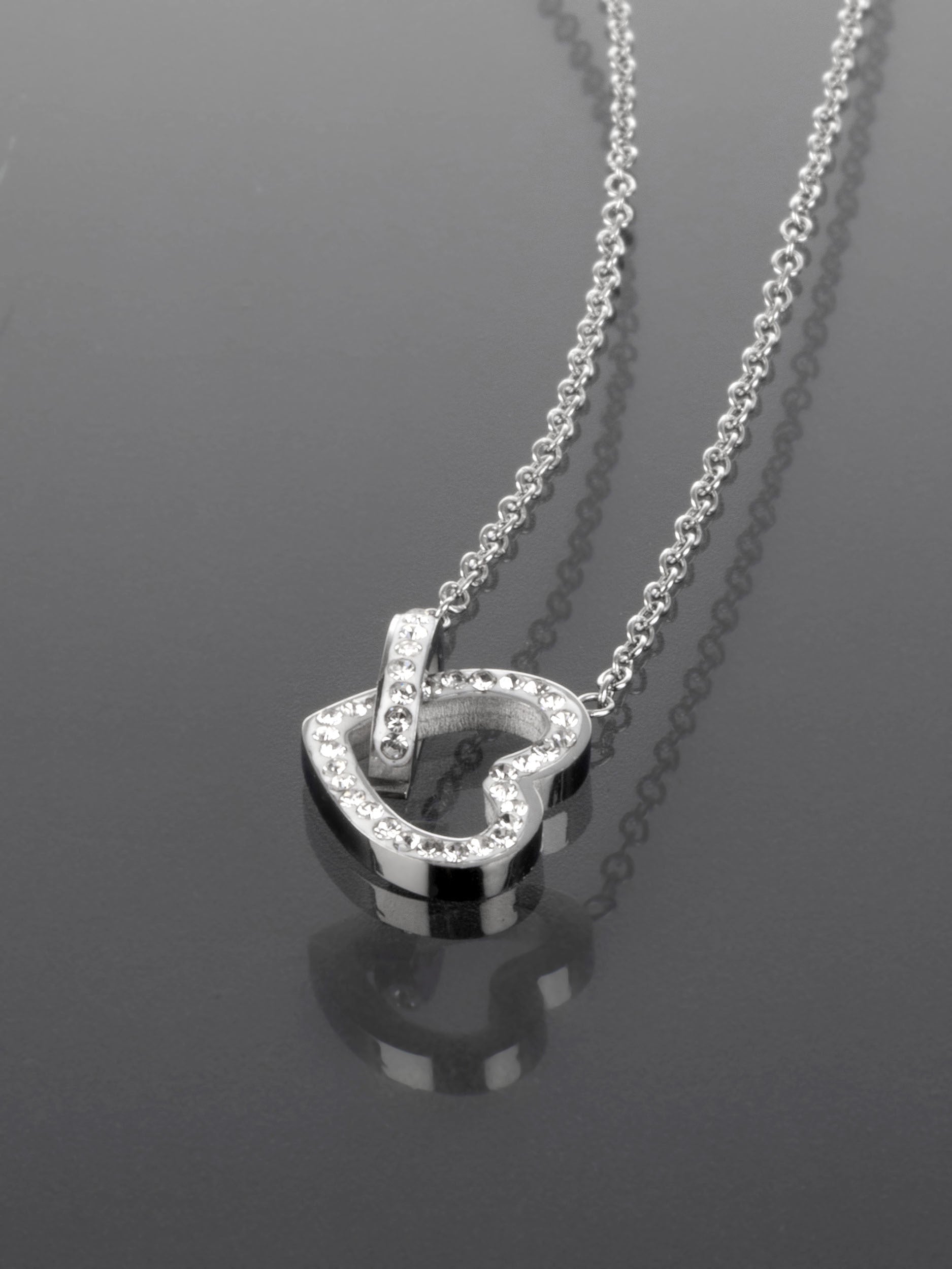Luxusní ocelový náhrdelník ve tvaru srdce vykládaný čirými krystaly NK0667-0107
