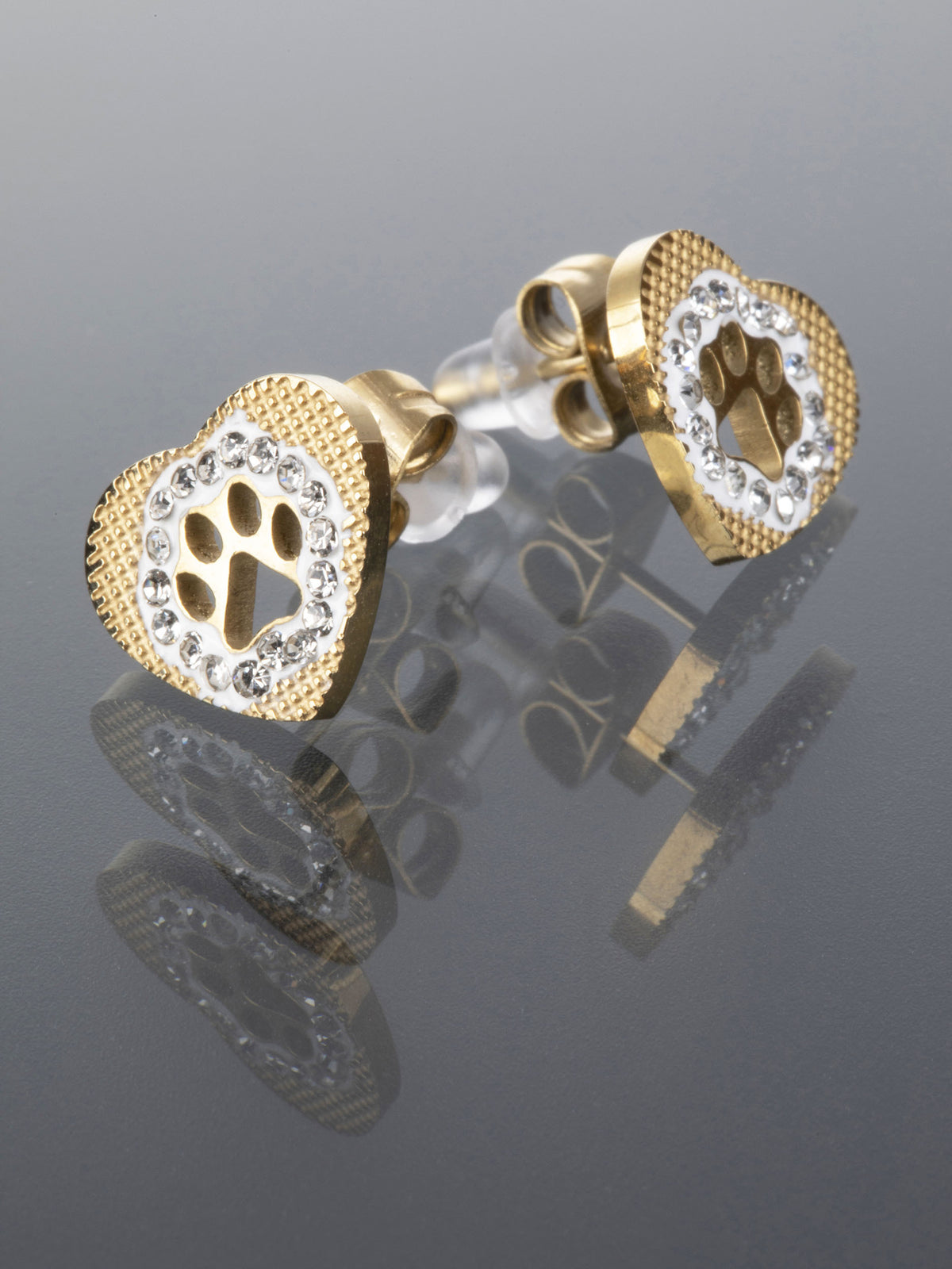 Krásné drobné náušnice ve tvaru srdíčka z chirurgické oceli zlaté barvy s drobnými čirými krystaly  NE1974-0114