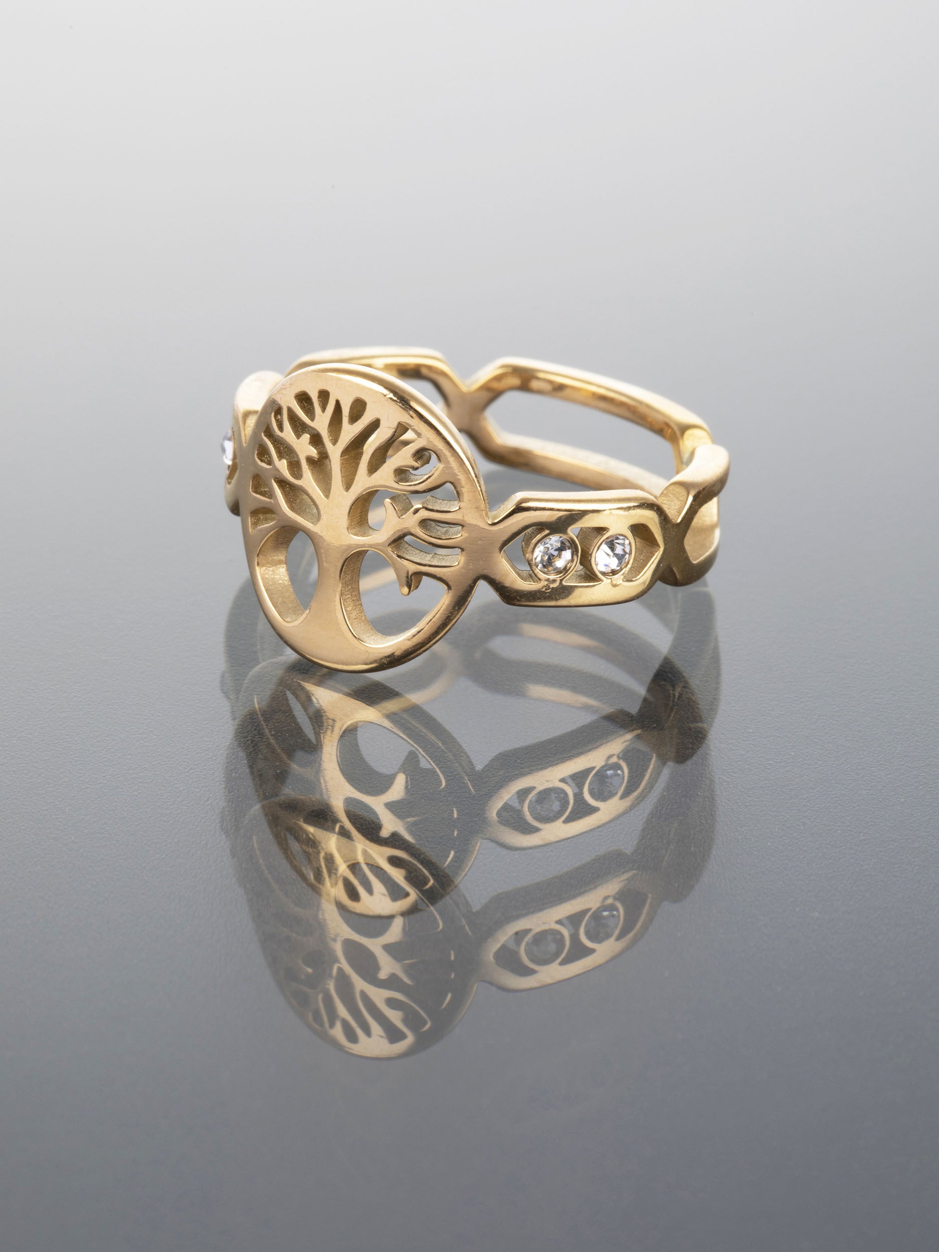 Luxusní prstýnek z chirurgické oceli zlaté barvy s čirými krystaly a motivem stromu života PR0315-015514
