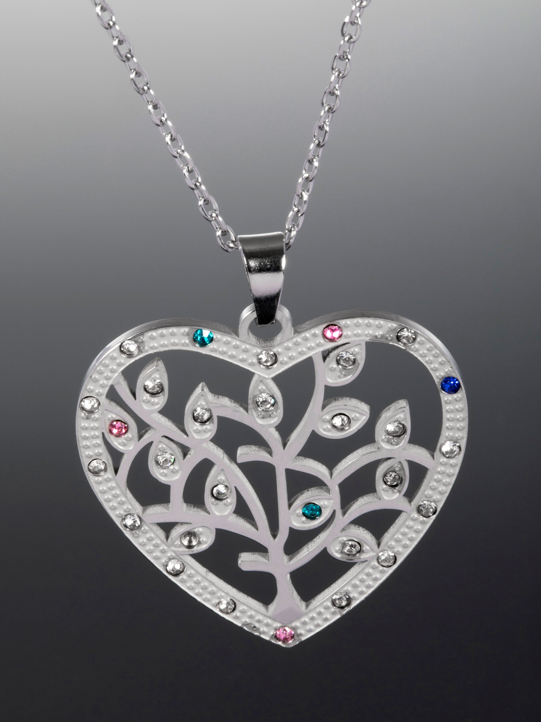 Náhrdelník z chirurgické oceli se srdcem s motivem stromu života s drobnými barevnými krystaly NK1218-0112