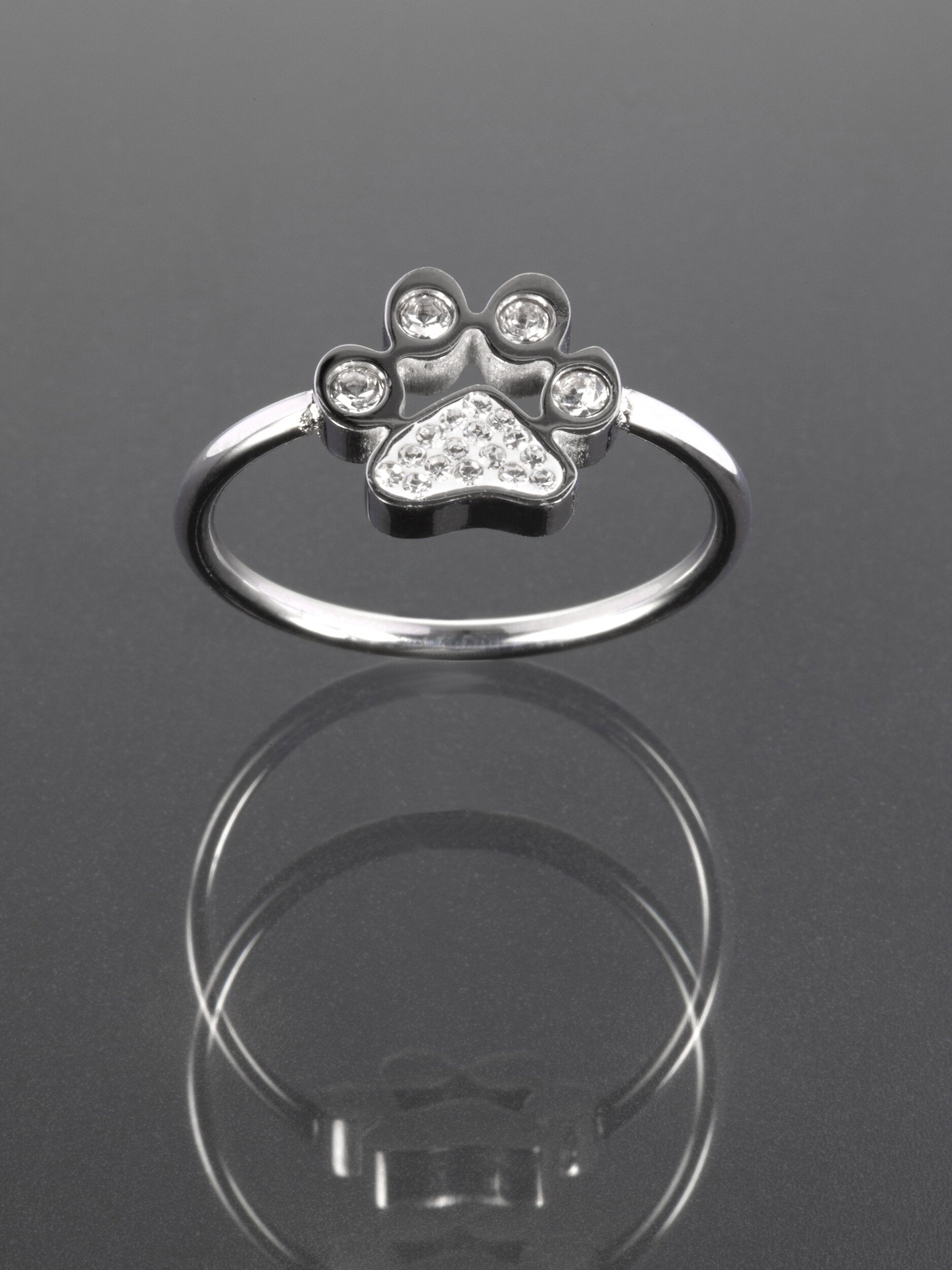 Krásný moderní prstýnek z chirurgické oceli s tlapkou s drobnými čirými krystaly PR0354-015112