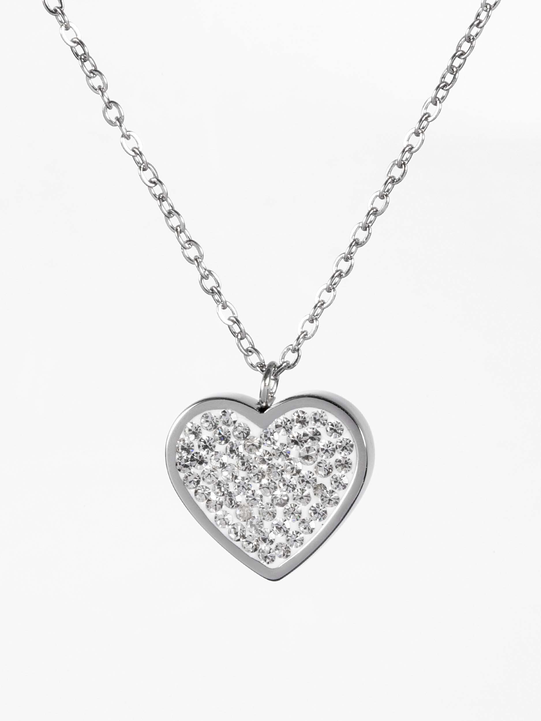 Překrásný náhrdelník z leštěné chirurgické oceli s přívěškem ve tvaru srdíčka s krystaly NK1346-0107
