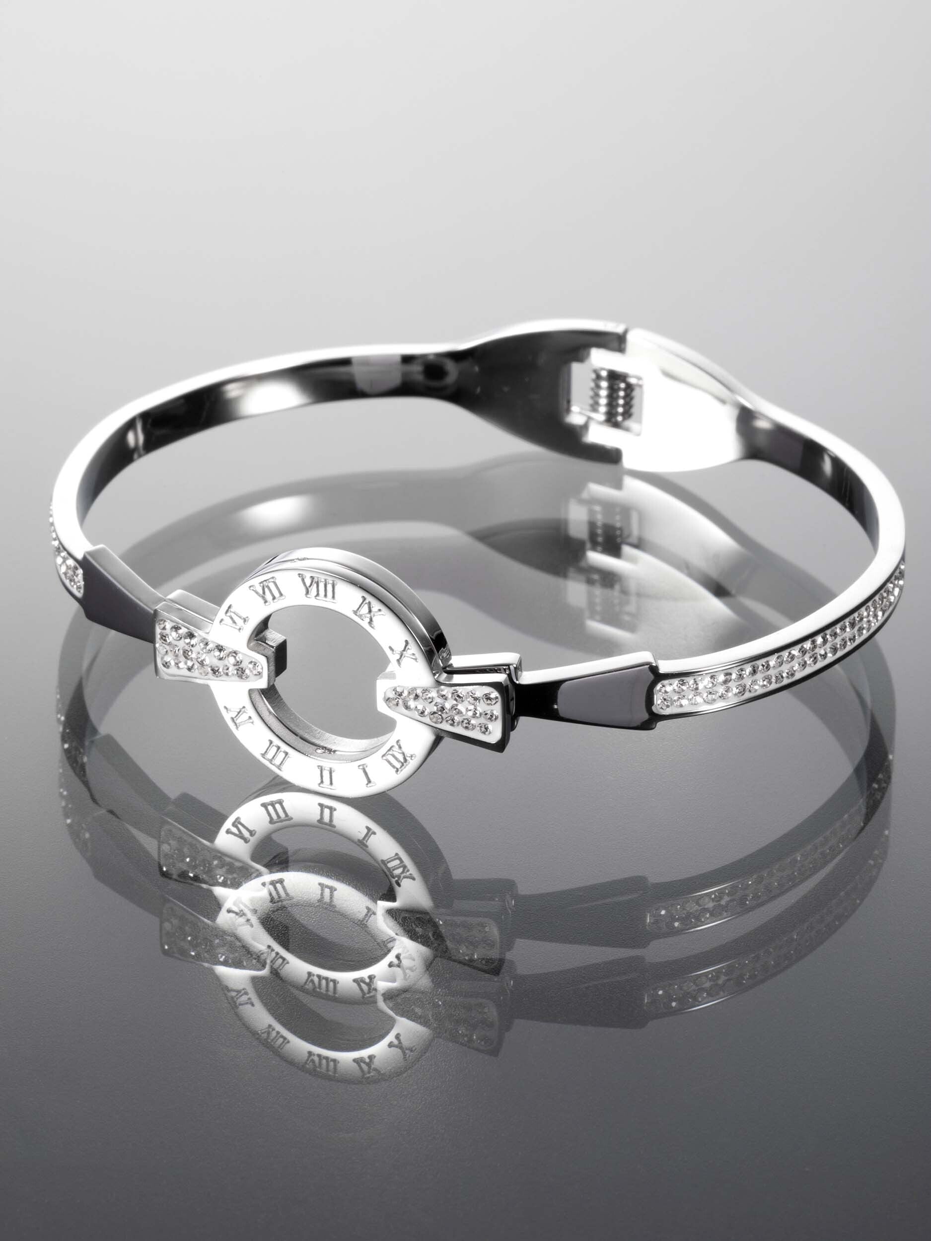 Elegantní pevný náramek z chirurgické oceli zdobený třpytivými krystaly  NM2737-0107