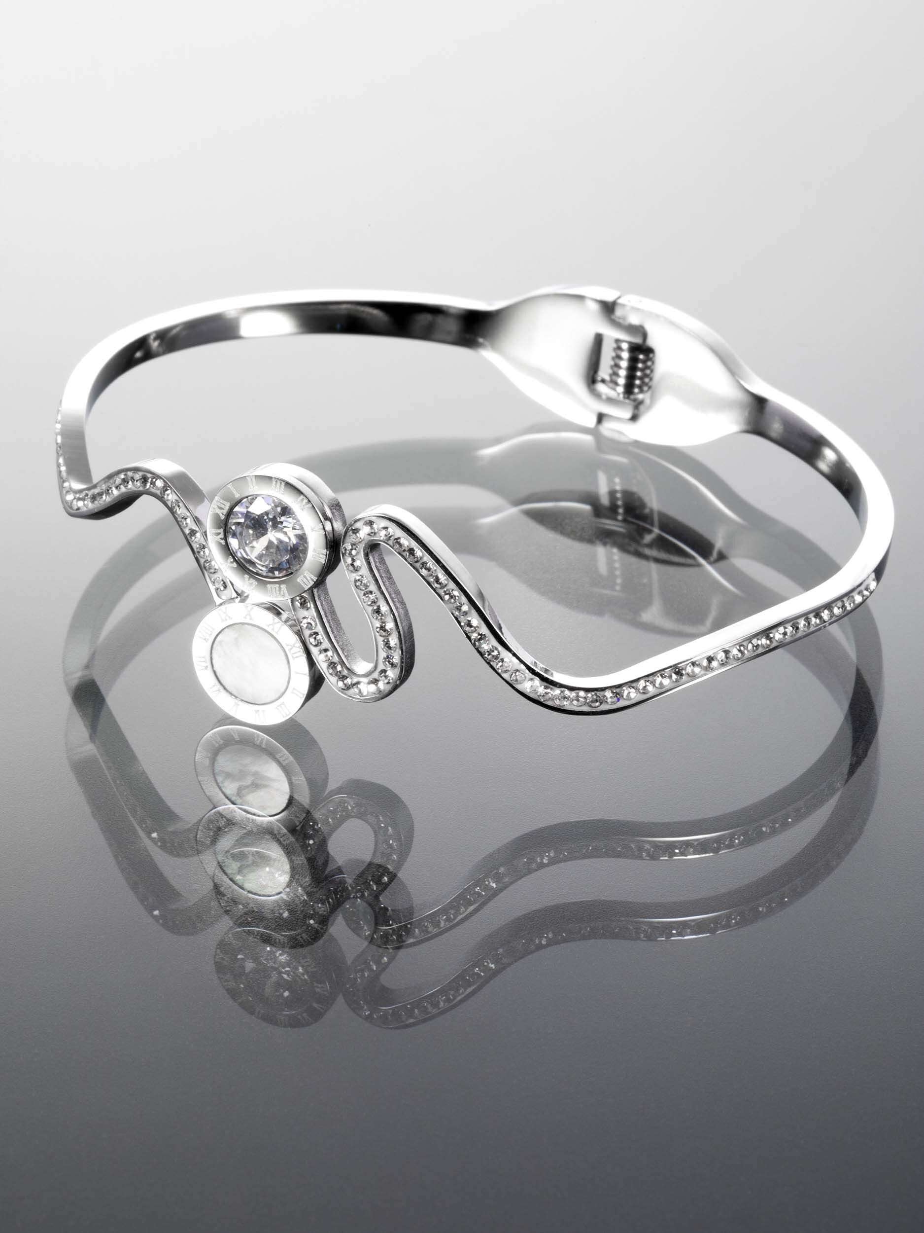 Exkluzivní elegantní pevný náramek z chirurgické oceli, vlnovka se třpytivými krystaly NM2740-0107