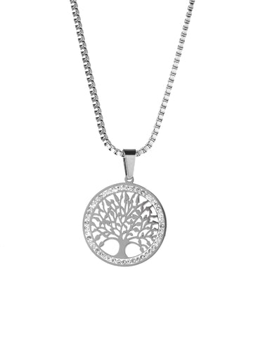 Luxusní náhrdelník z chirurgické oceli a čirých krystalů se stromem života NK1099-0112