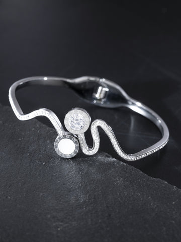 Exkluzivní elegantní pevný náramek z chirurgické oceli, vlnovka se třpytivými krystaly NM2740-0107