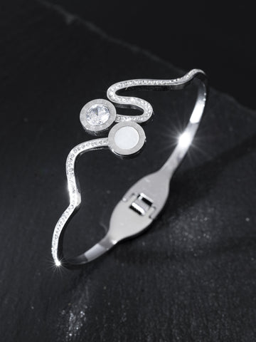 Exkluzivní elegantní pevný náramek z chirurgické oceli, vlnovka se třpytivými krystaly NM2740-0107