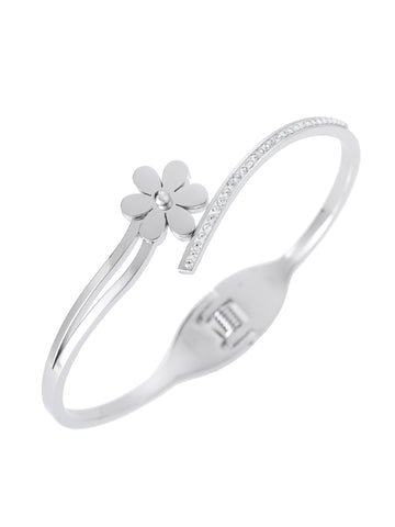 Elegantní pevný náramek z chirurgické oceli zdobený kytičkou a třpytivými krystaly NM2739-0107